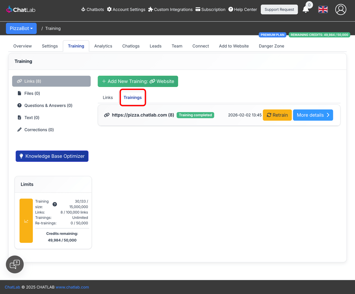Trainings tab showing a completed training job with the Trainings tab highlighted