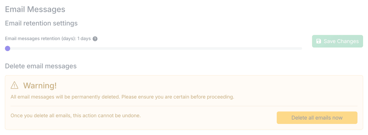 Email retention slider in Danger Zone settings|width=70