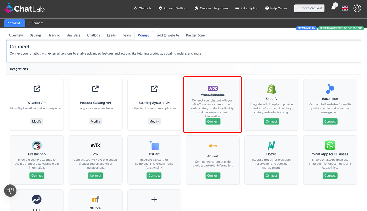 Connect tab showing the WooCommerce integration tile