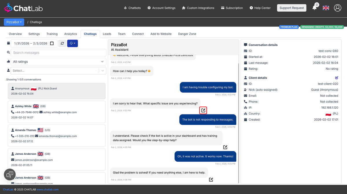 Chatlogs tab showing conversation list and chat history