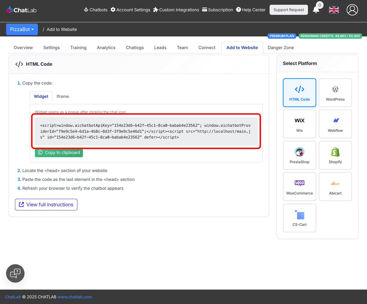 Embed code on the Add to Website tab