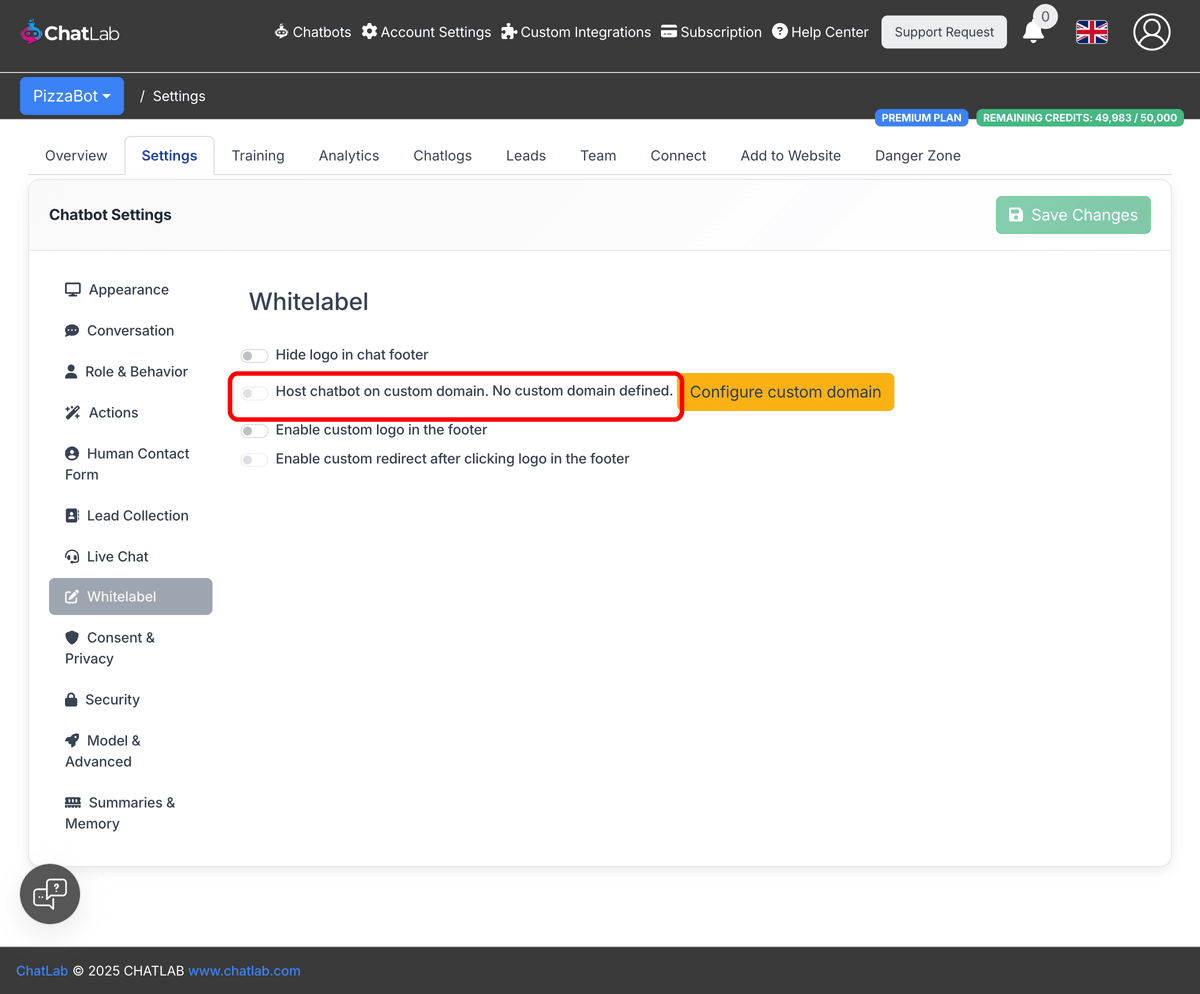 Whitelabel settings showing the Host chatbot on custom domain toggle