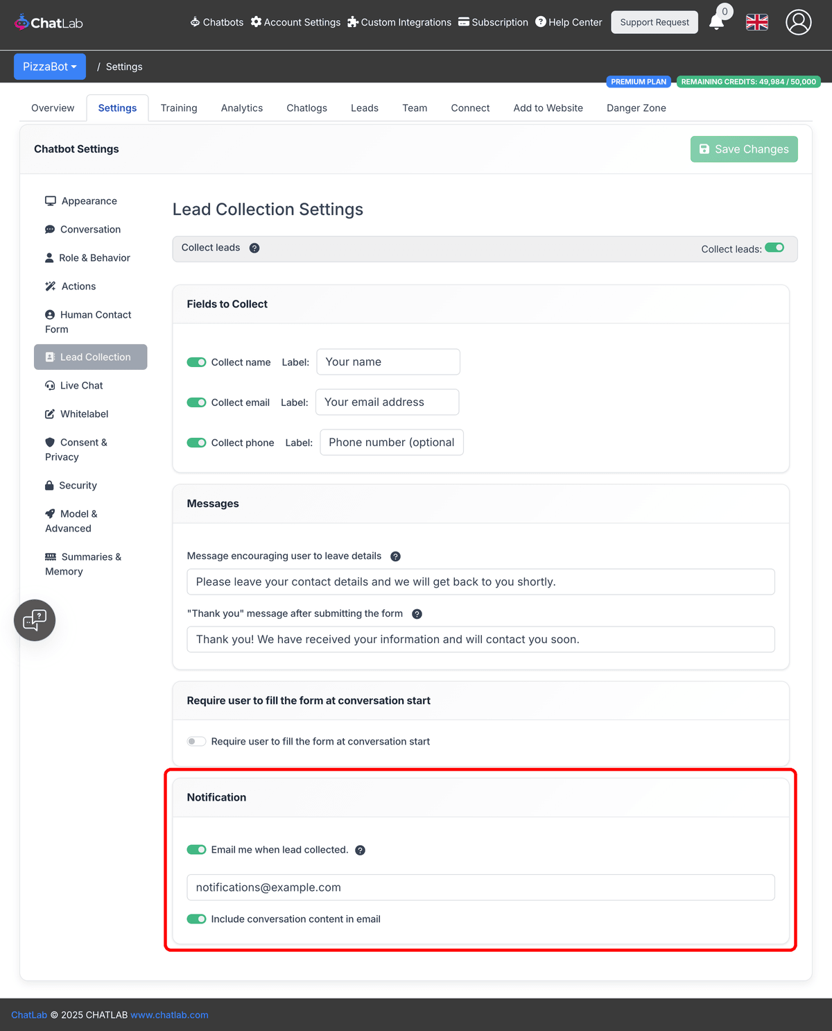 Notification section