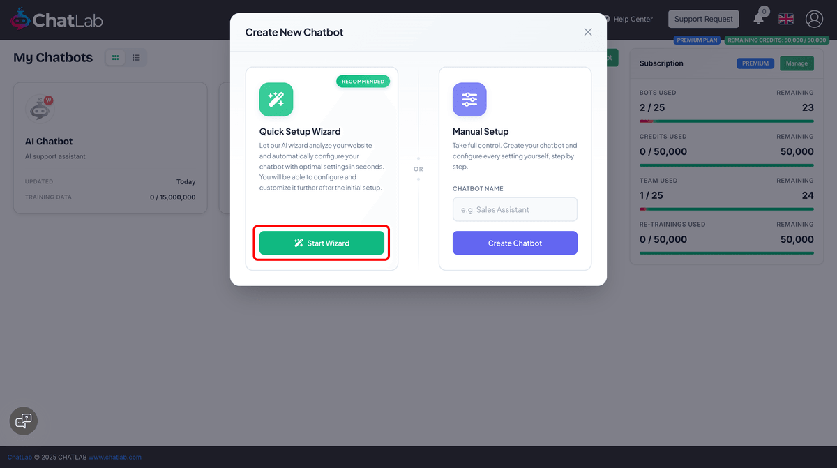 Create New Chatbot modal showing Wizard and Manual options