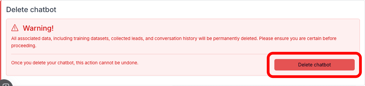 Delete chatbot section with the Delete chatbot button highlighted