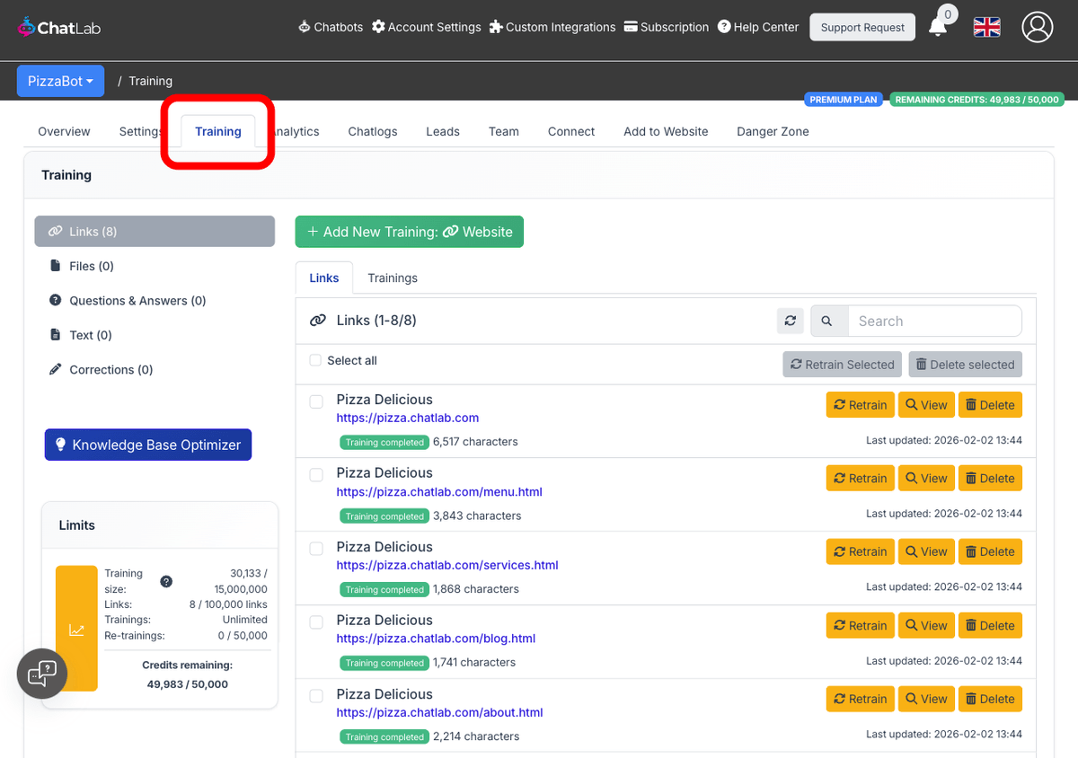 Training tab highlighted in bot navigation