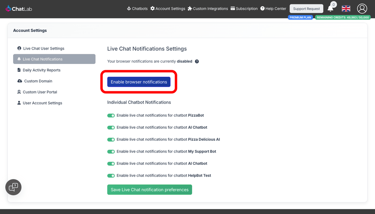 Live Chat Notification Settings with Enable browser notifications button highlighted