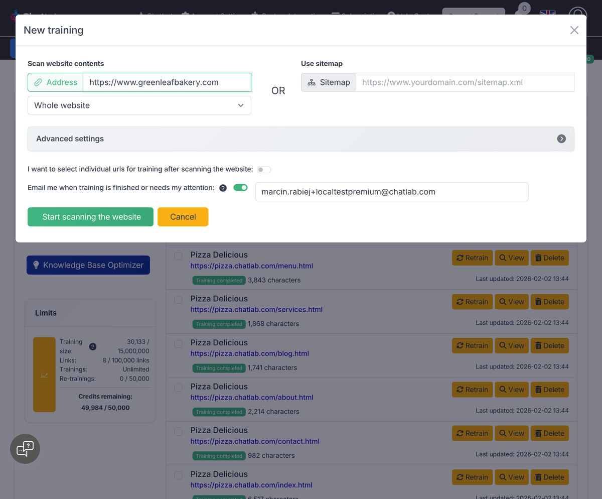 New training modal showing the Address field, scan mode dropdown, and sitemap option