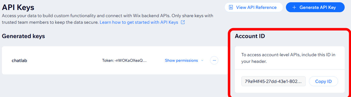API Keys page showing the Account ID on the right side with Copy ID button