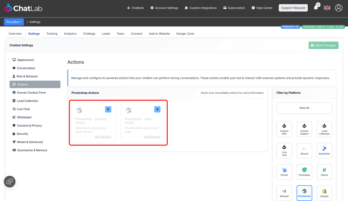 PrestaShop actions in Settings showing product search and order details