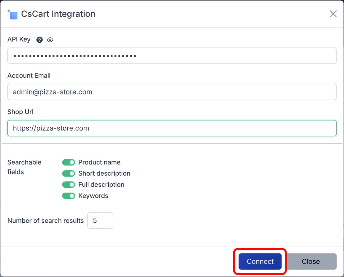 CS-Cart integration form with credentials and search options