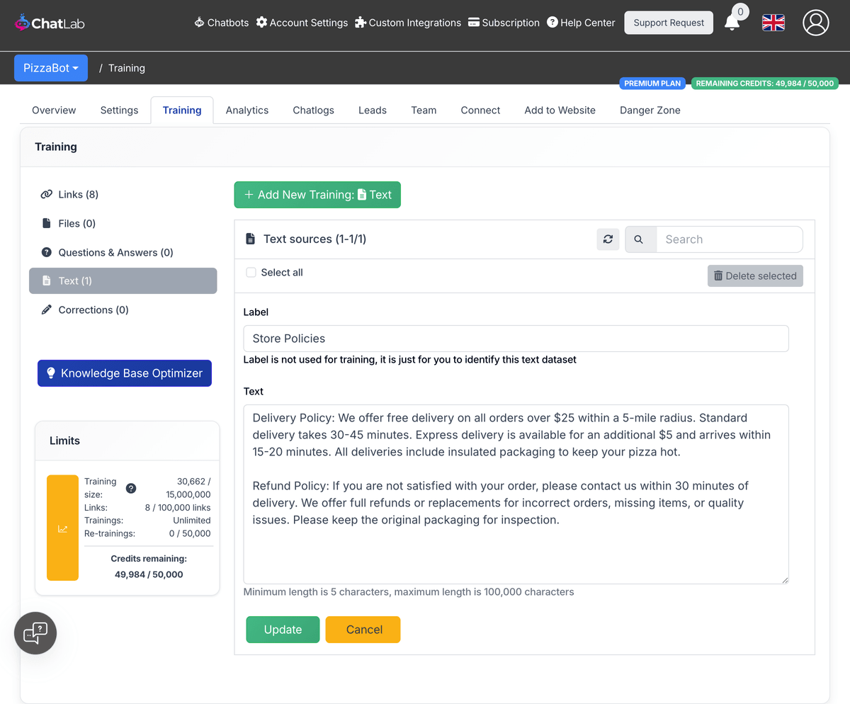 Edit form for an existing text entry