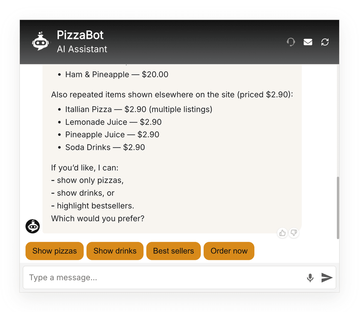 Chat widget showing a formatted response with bullet lists