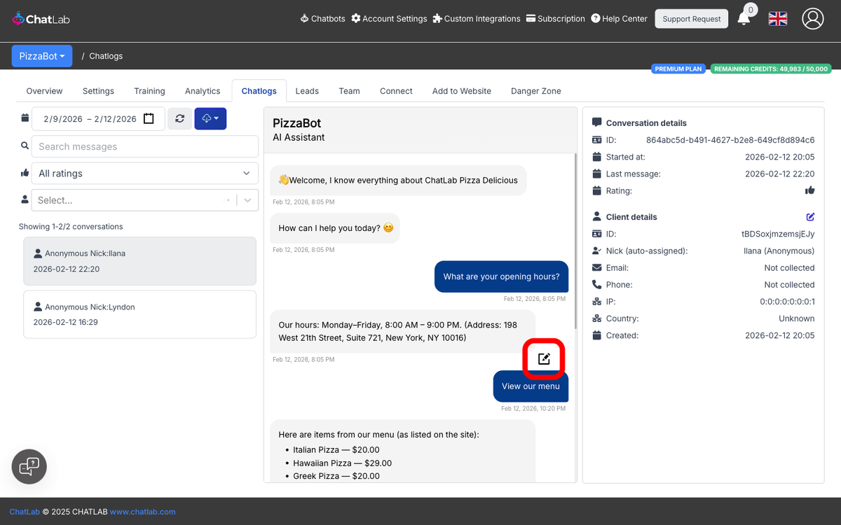 Edit icon on a bot response for adding a correction