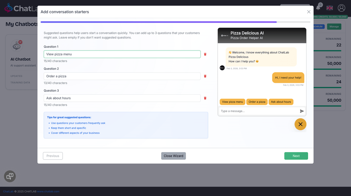 Wizard step 4 - Suggested questions