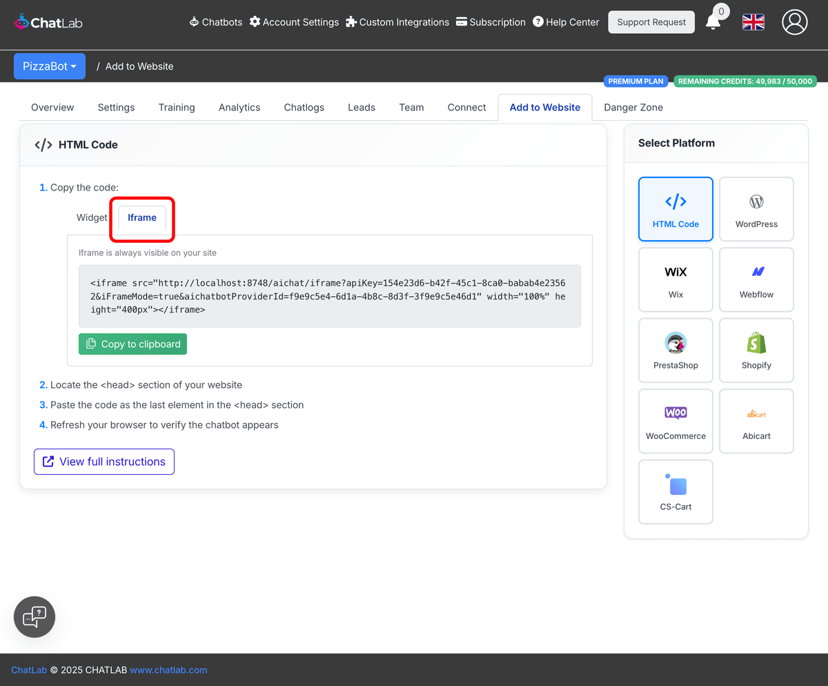 Iframe tab selected in Add to Website