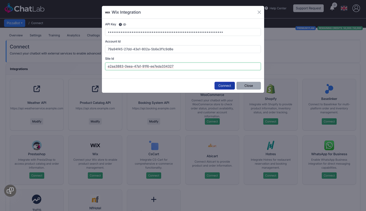 Wix integration form with API Key, Account Id, and Site Id fields