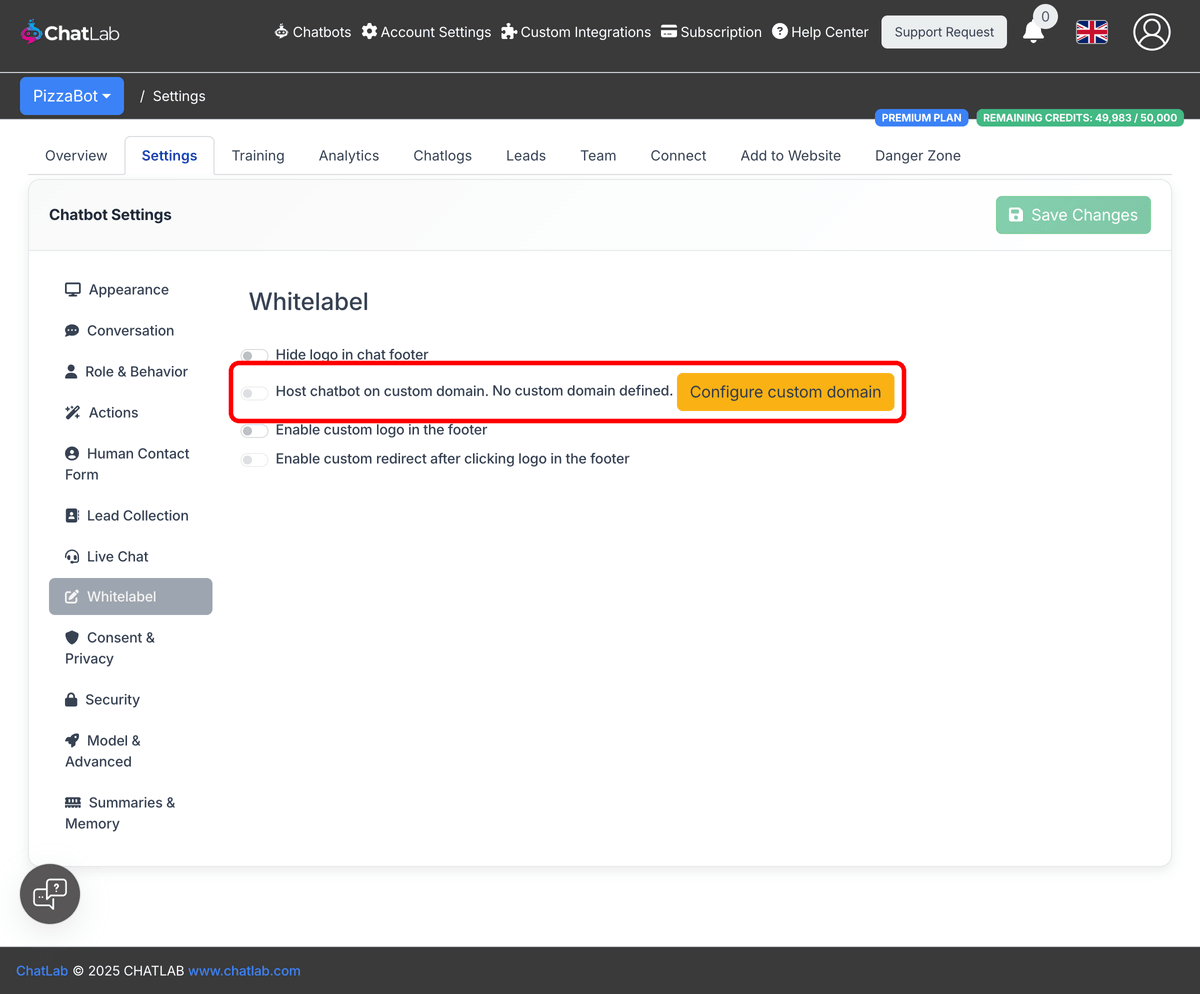 Whitelabel settings with Host chatbot on custom domain option highlighted