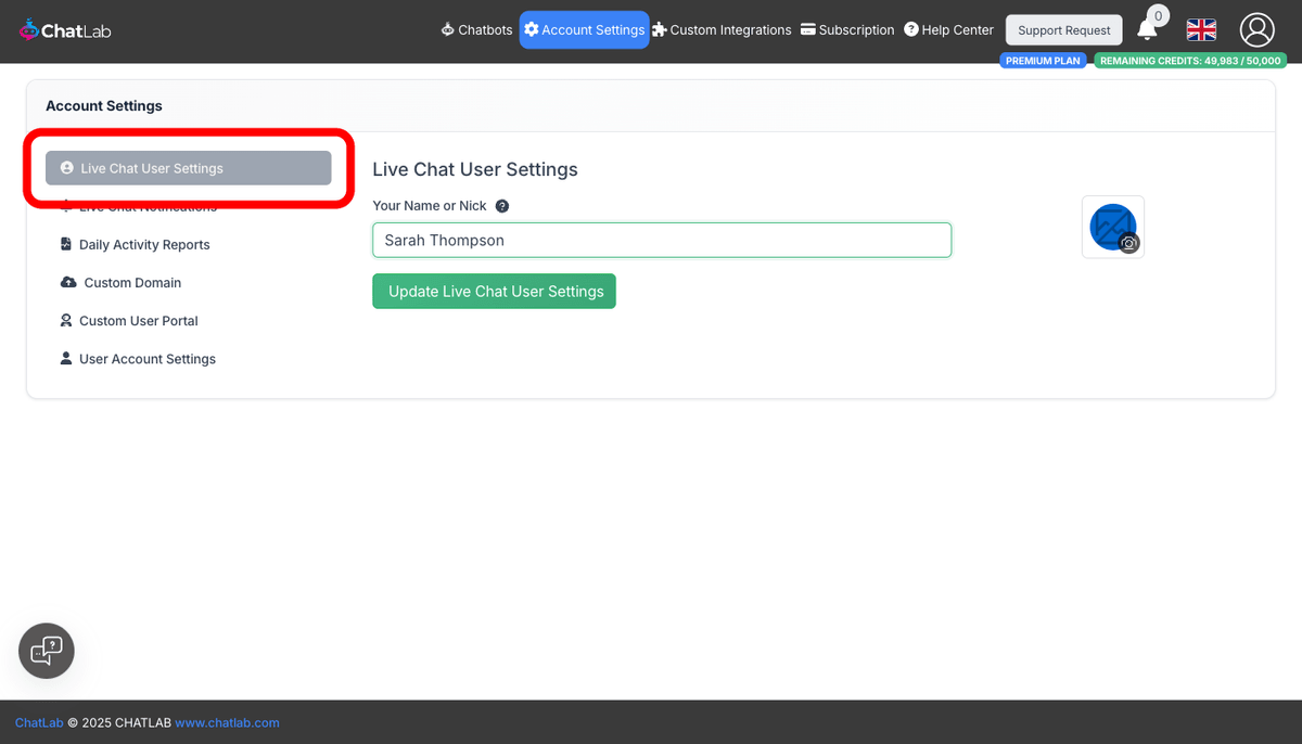 Live Chat User Settings page