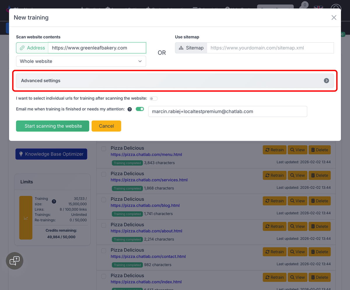 New training modal with the Advanced settings panel highlighted