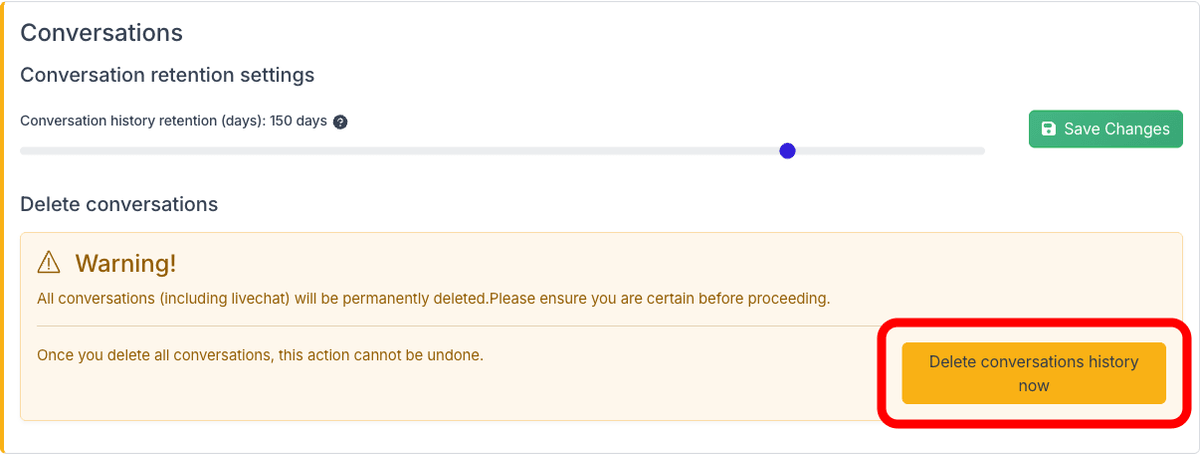 Conversations section with retention slider and delete button