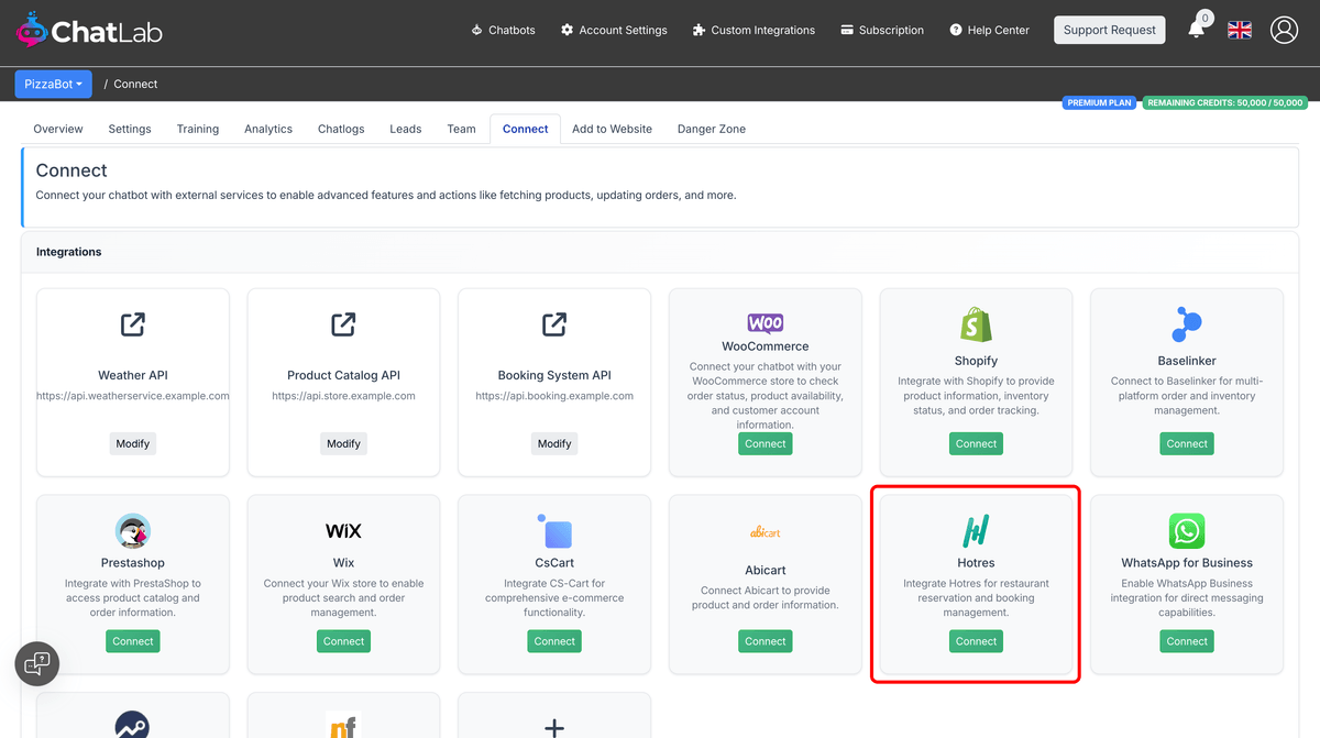 Connect tab showing the Hotres integration tile