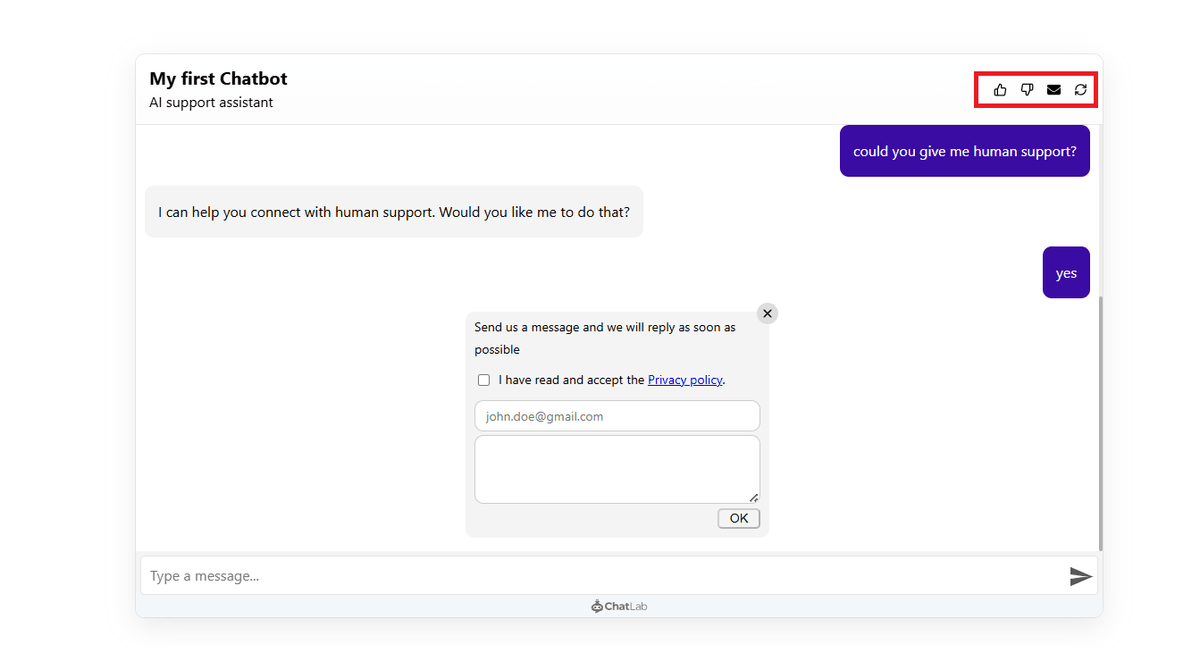 Envelope icon in the chat widget header|width=50
