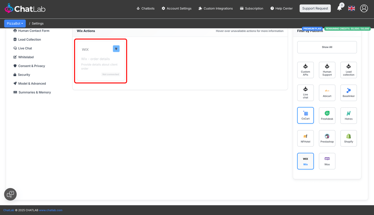 Wix actions in Settings showing the order details action