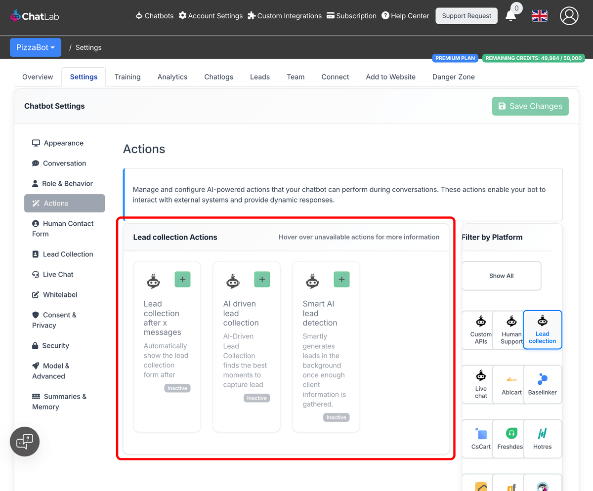 Lead collection actions in the Actions panel