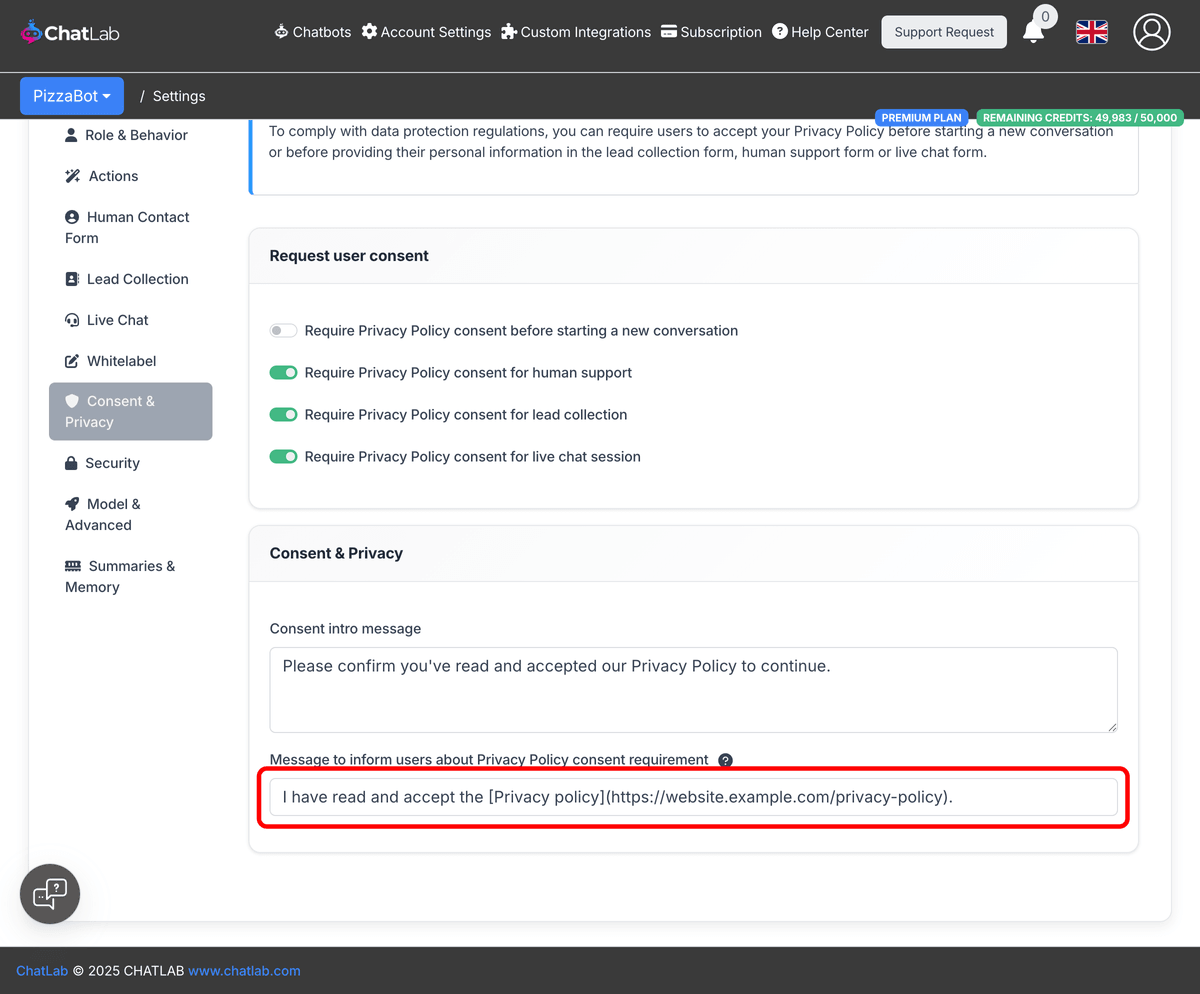 Privacy Policy checkbox label field