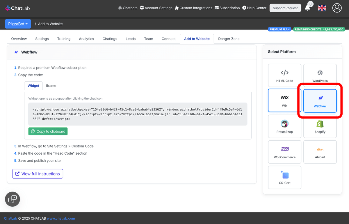 Add to Website tab with Webflow selected