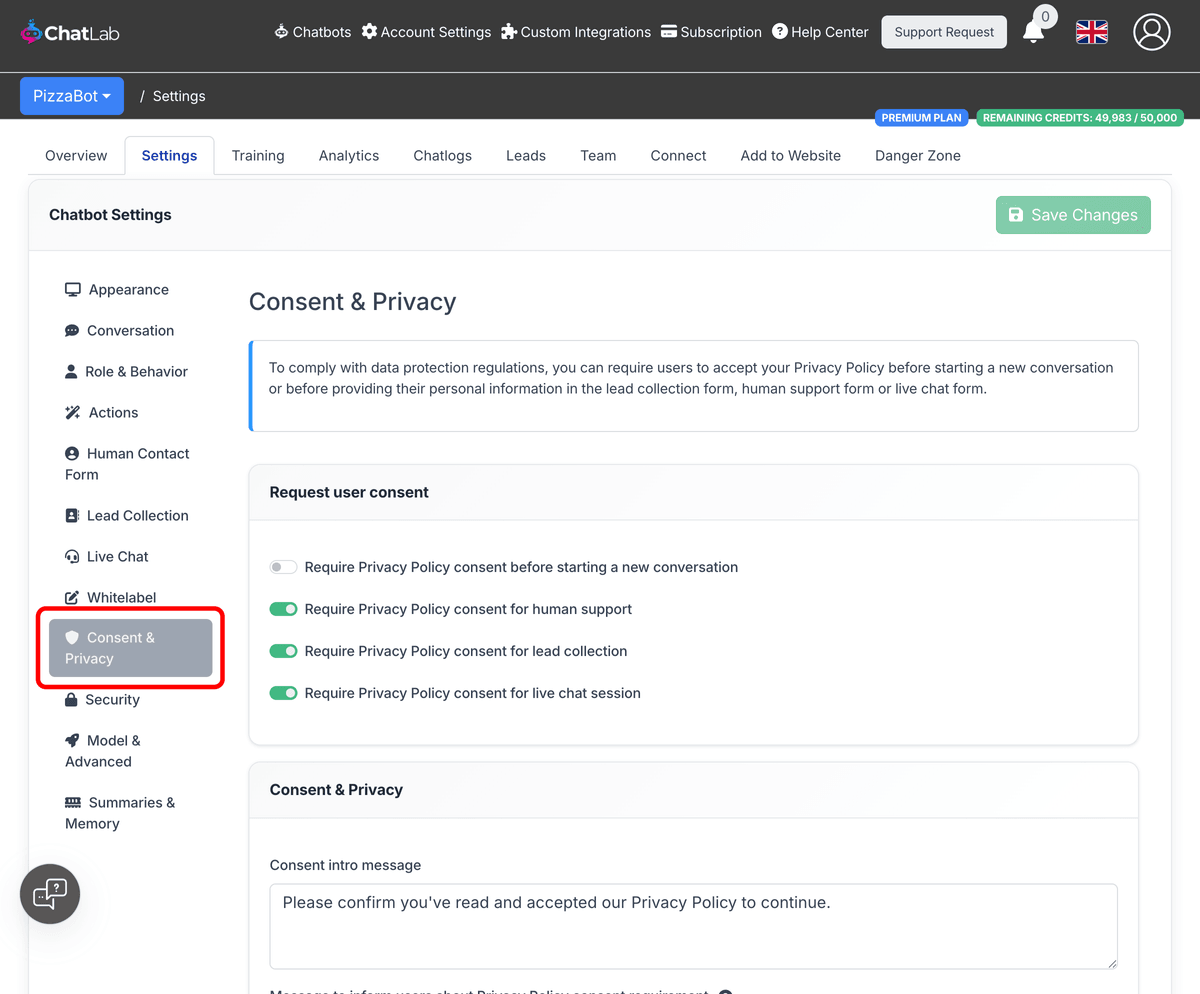 Consent & Privacy settings tab highlighted in sidebar