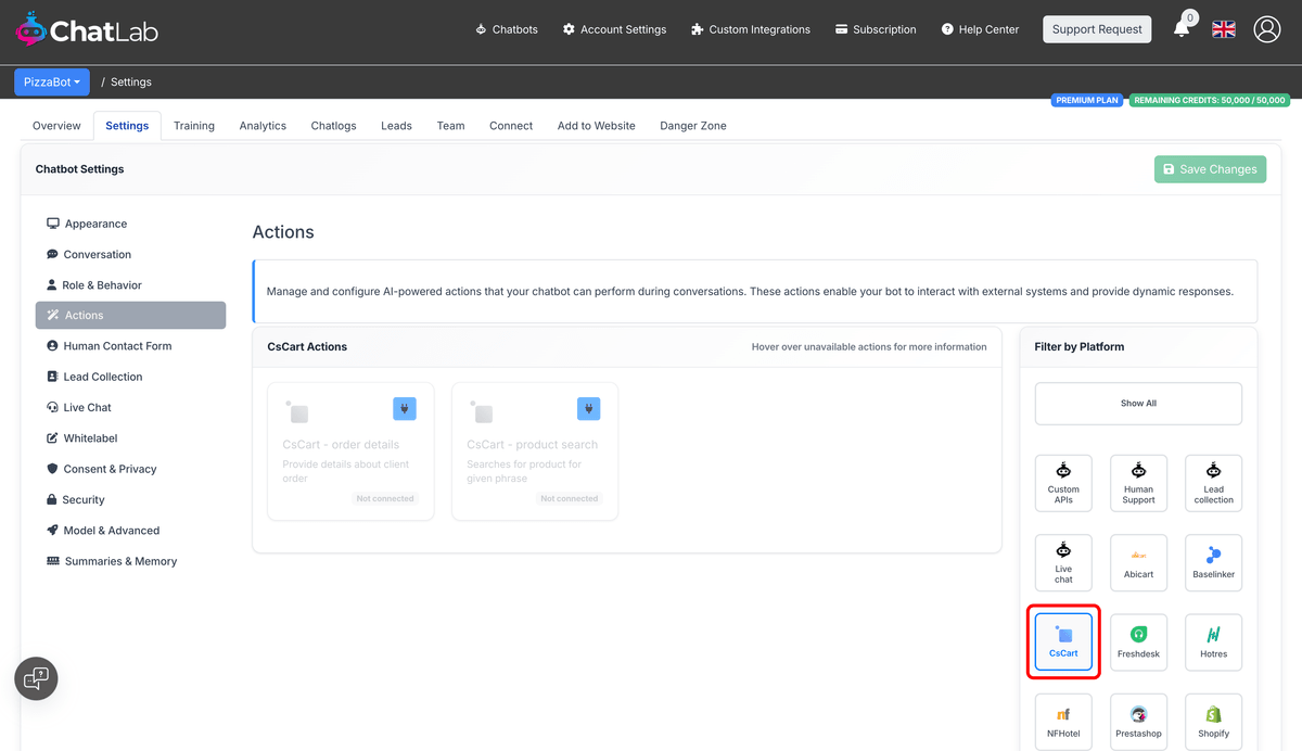CS-Cart actions in Settings showing product search and order details