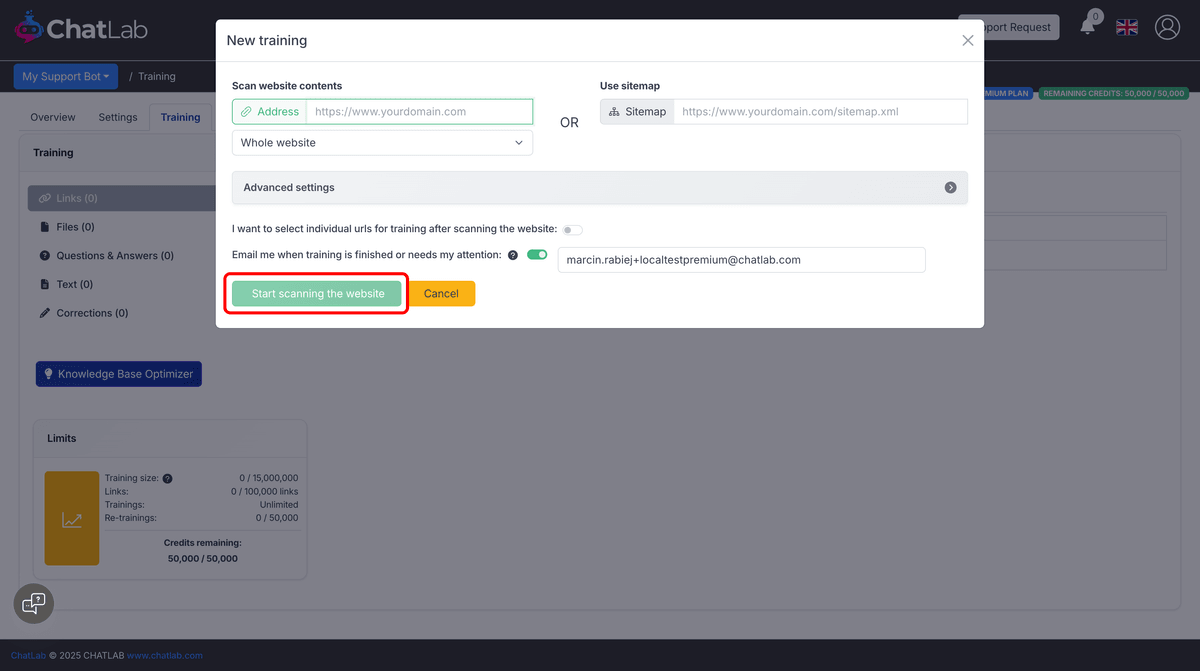 Add new training modal