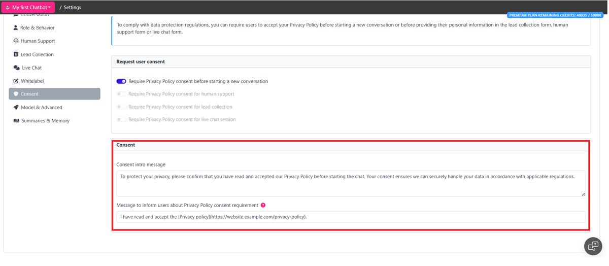Privacy policy info editor in the chat footer